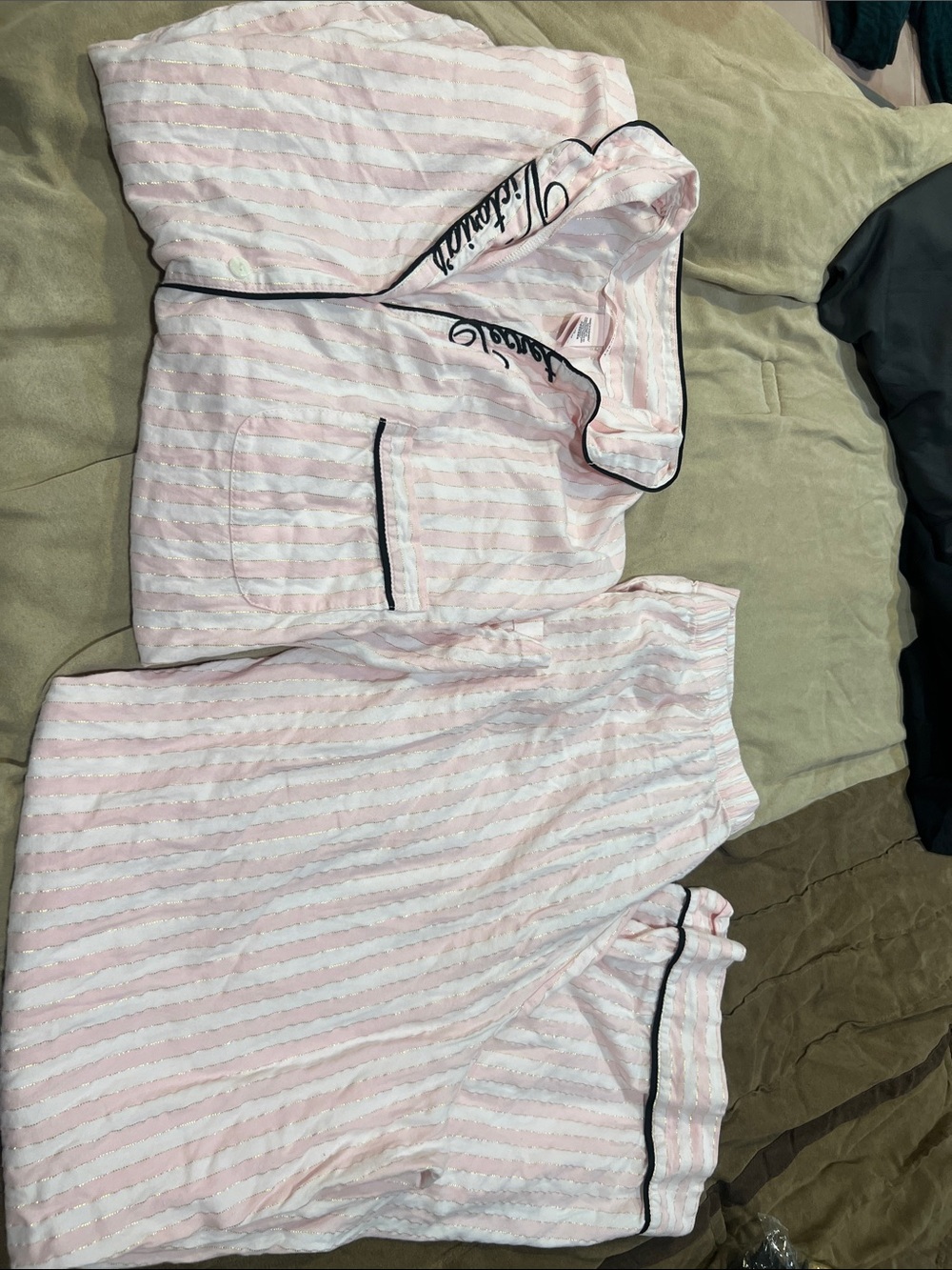 Victoria's Secret Pink & White Striped Pajama Set with Black Piping